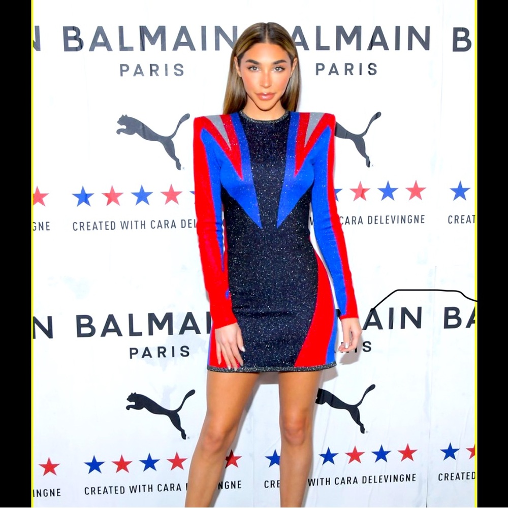 XL Balmain x Puma Color Block Red/Black/Blue Sparkly Knit Dress